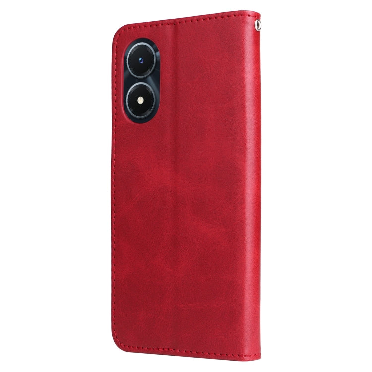 Red leather wallet phone case with dual camera cutout and top loop