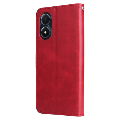 Red leather wallet phone case with dual camera cutout and top loop