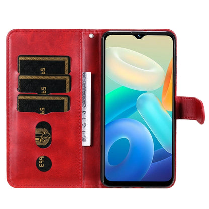 Red leather phone wallet case open view with card slots and zipper pull