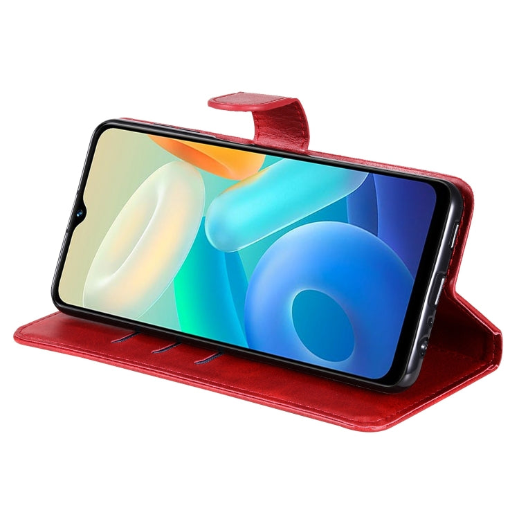 Red leather flip phone case with fold stand, phone held in place