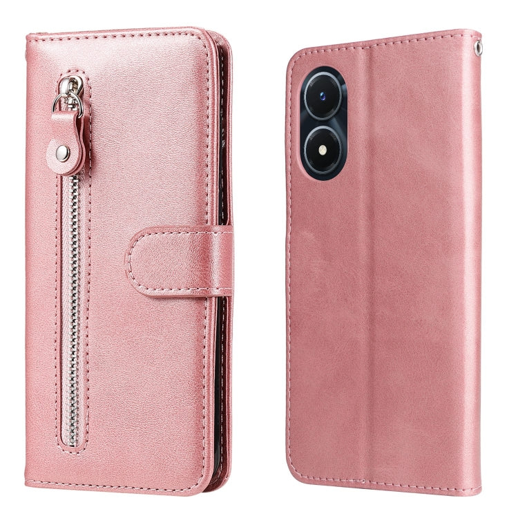 Rose leather zipper phone case with flip cover and front card slot pocket.