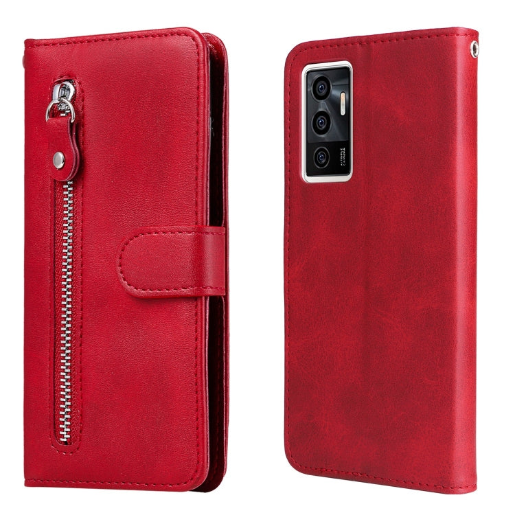 Red leather phone case showing zipper front and smooth back panel