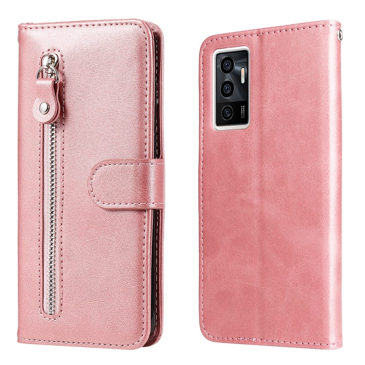 Rose leather zipper phone case with flip cover and front card slot pocket.