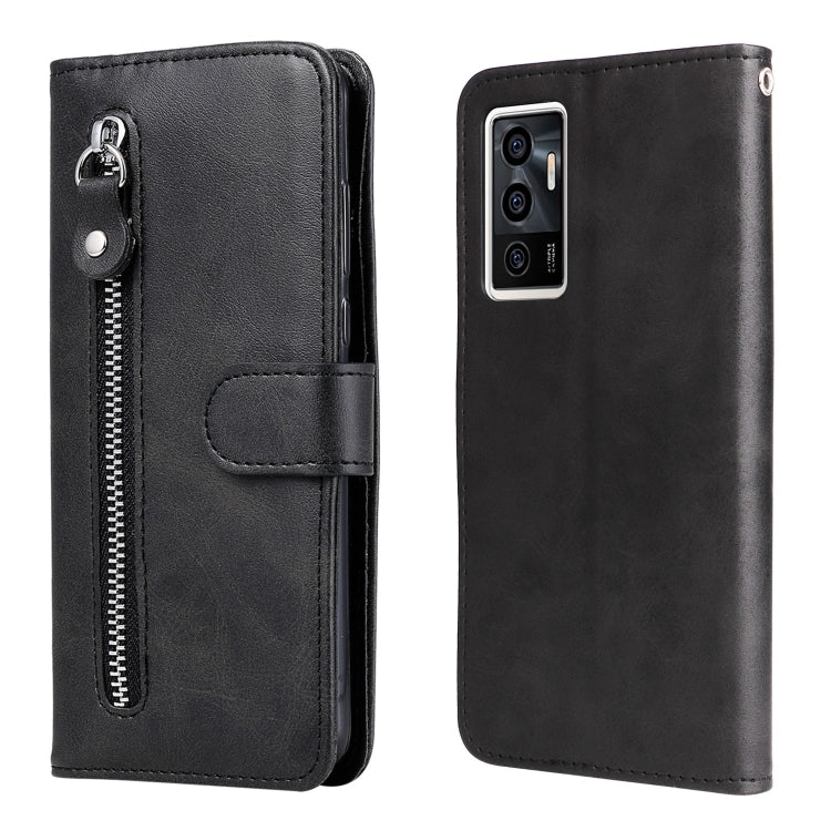 Black leather zipper phone case with flip cover and front card slot pocket.