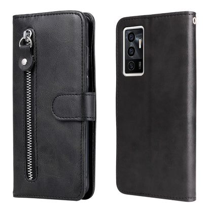 Black leather zipper phone case with flip cover and front card slot pocket.