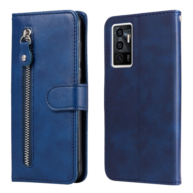 Zipper leather phone case with card holder, textured blue finish, camera cutout