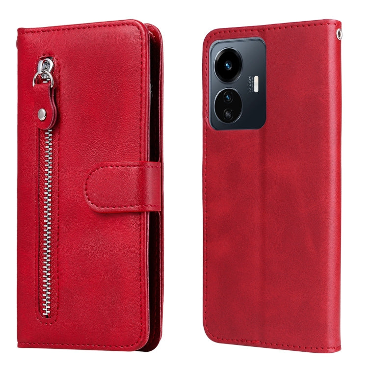 Red leather phone case with zipper front and dual camera cutout back