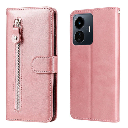 Rose leather zipper phone case with flip cover and front card slot pocket.