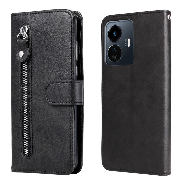 Black leather zipper phone case with flip cover and front card slot pocket.