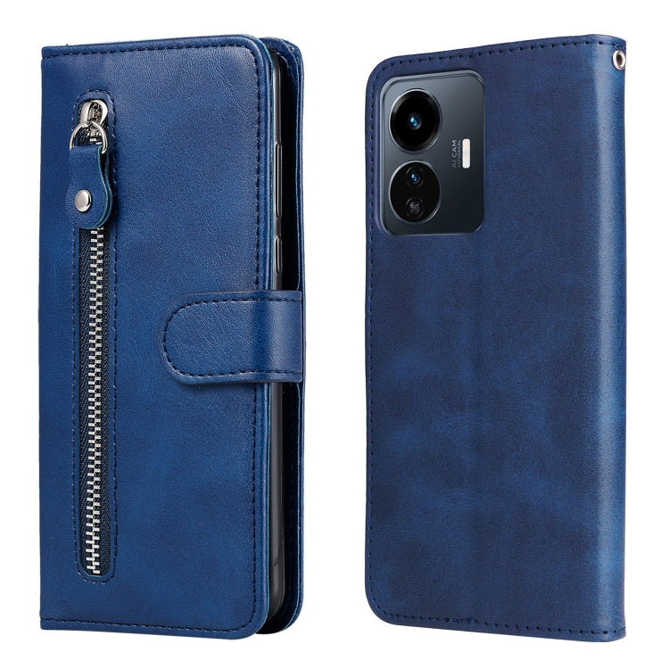 Zipper leather phone case with card holder, textured blue finish, rear camera openings