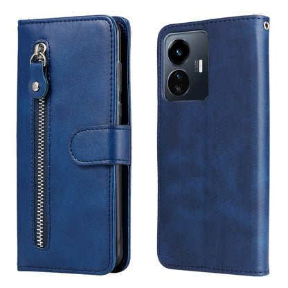 Zipper leather phone case with card holder, textured blue finish, rear camera openings
