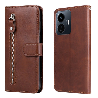 Zipper leather phone case with card holder, textured brown finish, rear camera openings