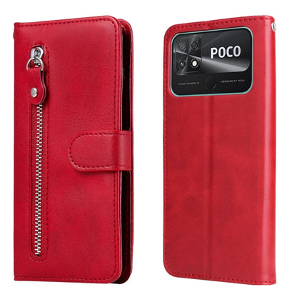 Red leather phone case with zipper front and Poco camera cutout back