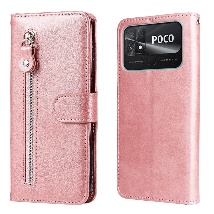 Rose leather zipper phone case with flip cover and front card slot pocket.