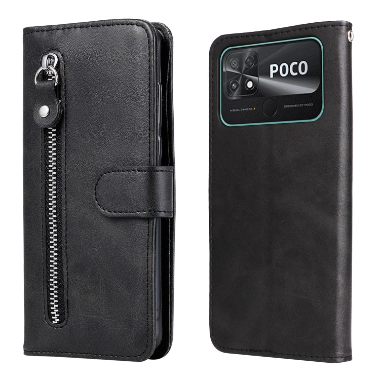 Black leather zipper phone case with flip cover and front card slot pocket.