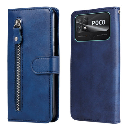 Zipper leather phone case with card holder, textured blue finish, POCO on back