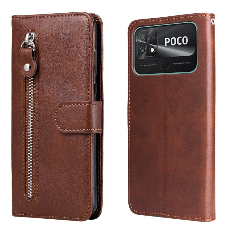 Zipper leather phone case with card holder, textured brown finish, POCO on back