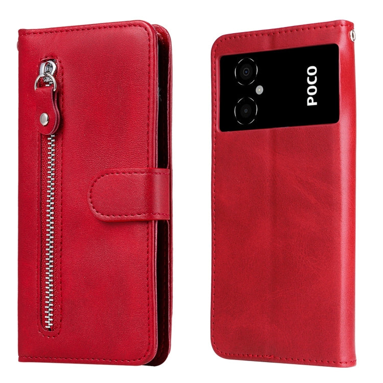 Red leather zipper phone case with flip cover and front card slot pocket.
