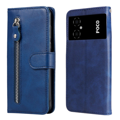 Zipper leather phone case with card holder, textured blue finish, POCO lettering