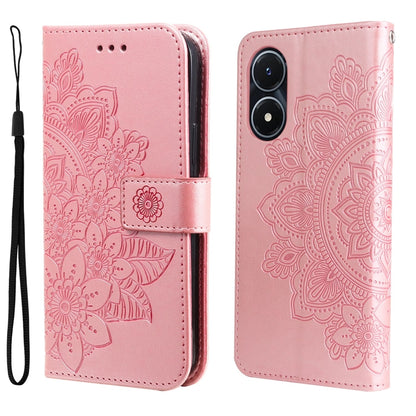 Pink embossed floral leather wallet phone case with strap and side card slots