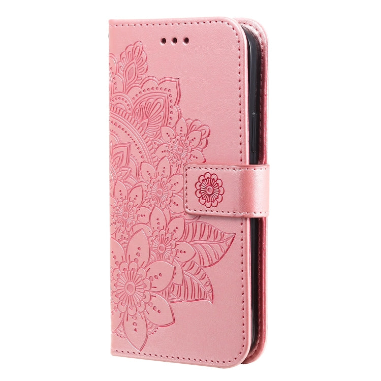 Pink embossed floral leather wallet phone case with magnetic-style closure strap