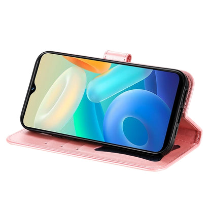 Pink embossed floral leather folio phone case with stand viewing angle