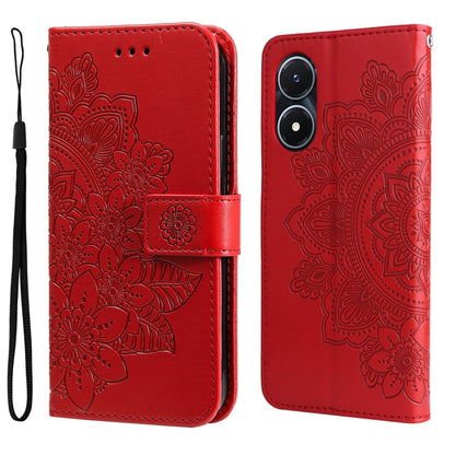 Red embossed leather wallet phone case with flower pattern and magnetic strap, plus wrist lanyard.