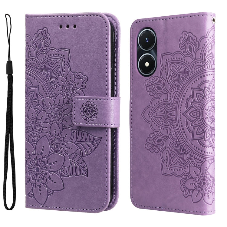 Purple embossed leather wallet phone case with 7-petal floral pattern and flip strap