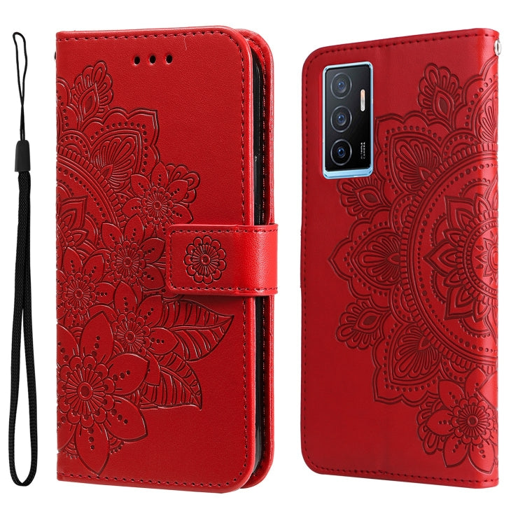 Red embossed leather wallet phone case with floral mandala design, magnetic strap, and wrist lanyard.