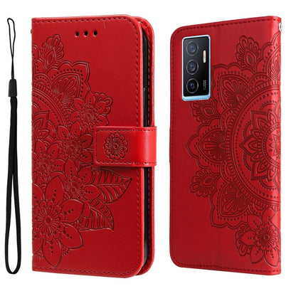 Red embossed leather wallet phone case with floral mandala design, magnetic strap, and wrist lanyard.