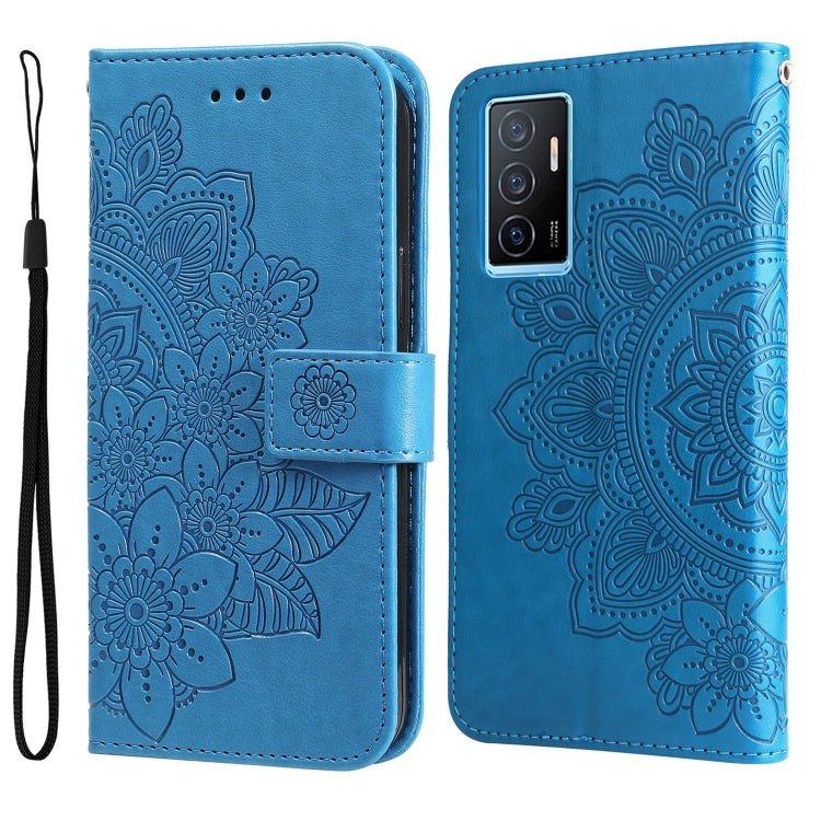 Blue embossed leather wallet phone case with 7-petal floral pattern and cutout camera