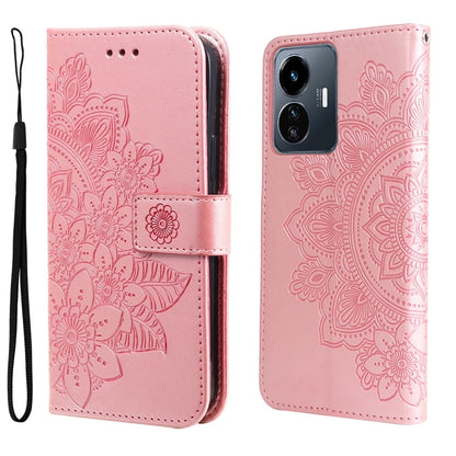 Pink embossed floral leather wallet phone case with strap and dual camera cutouts