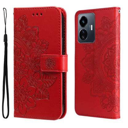 Red embossed leather wallet phone case with flower panel, magnetic strap, and wrist lanyard.