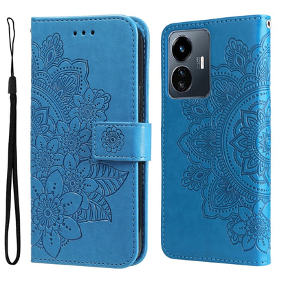 Blue embossed leather wallet phone case with 7-petal floral pattern and side camera cutouts