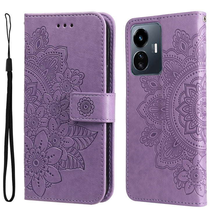 Purple embossed leather wallet phone case with 7-petal floral pattern and side camera cutouts