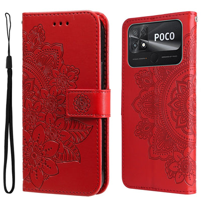 Red embossed leather wallet phone case with floral pattern and visible rear camera window, strap on.
