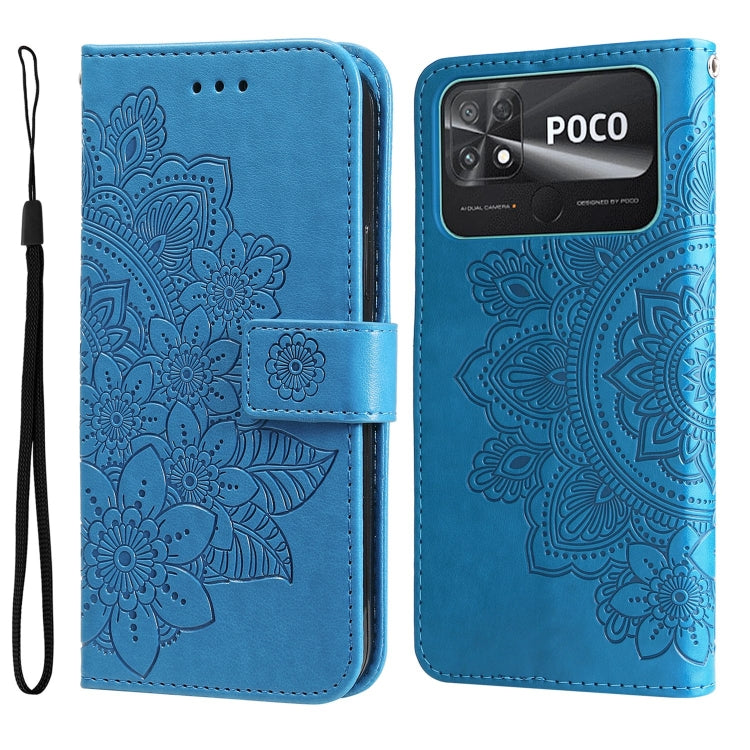 Blue embossed leather wallet phone case with 7-petal floral pattern, visible Poco branding