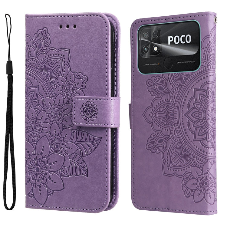 Purple embossed leather wallet phone case with 7-petal floral pattern, visible Poco branding