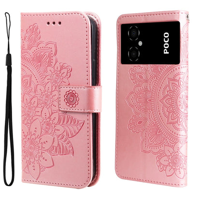 Pink embossed floral leather wallet phone case with strap and back camera cutouts