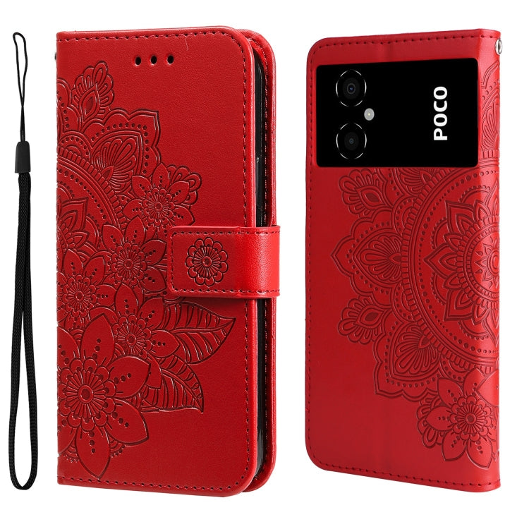 Red embossed leather wallet phone case with floral design; rear cameras visible; magnetic closure strap.