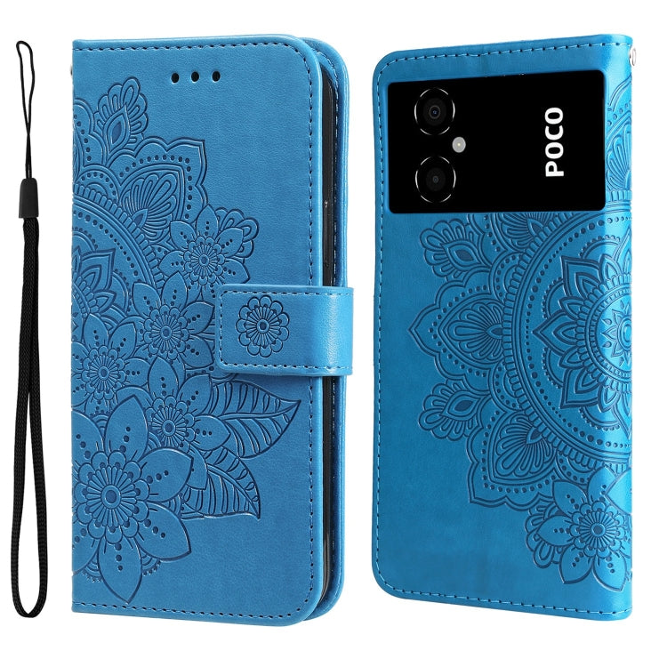 Blue embossed leather wallet phone case with 7-petal floral pattern and Poco camera cutouts