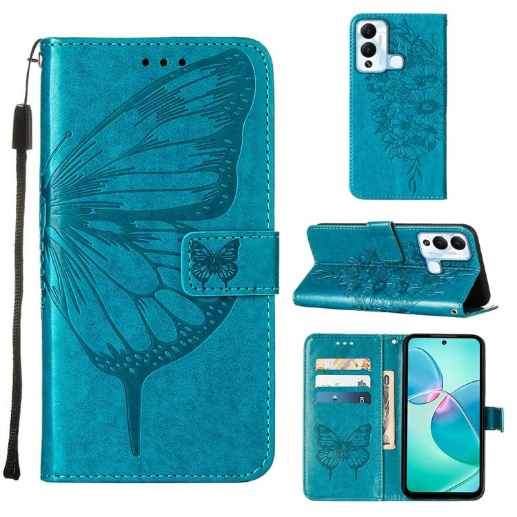 Embossed butterfly flip leather phone case, teal with card holder and wrist strap