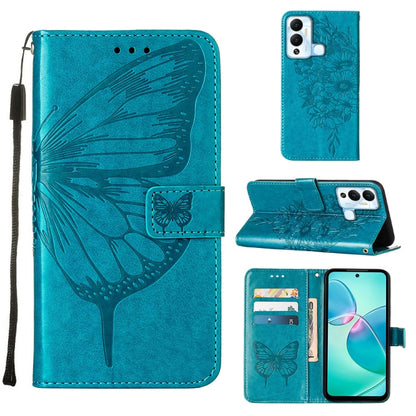 Embossed butterfly flip leather phone case, teal with card holder and wrist strap