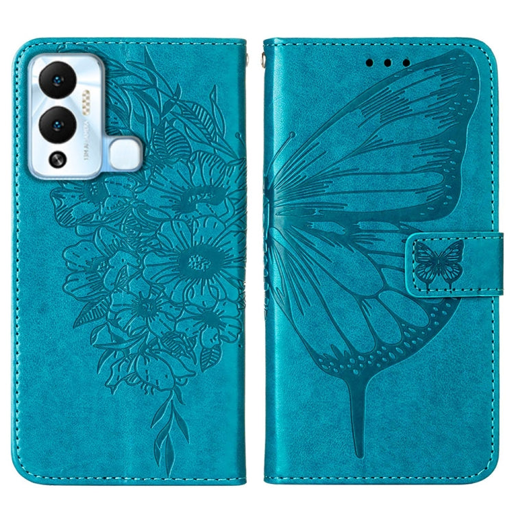 Embossed butterfly flip leather phone case, teal, shown front and back views
