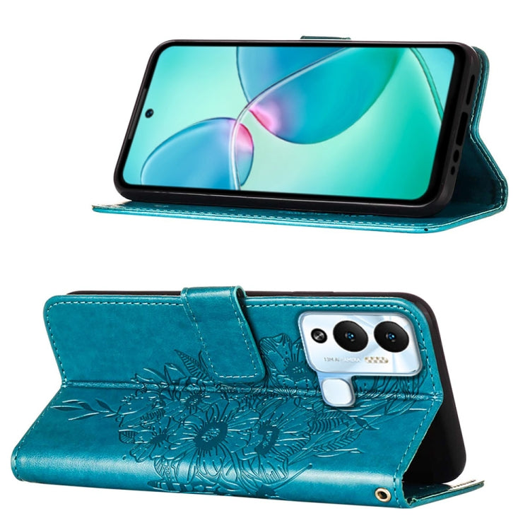 Embossed butterfly flip leather phone case, teal, open stand for hands-free viewing
