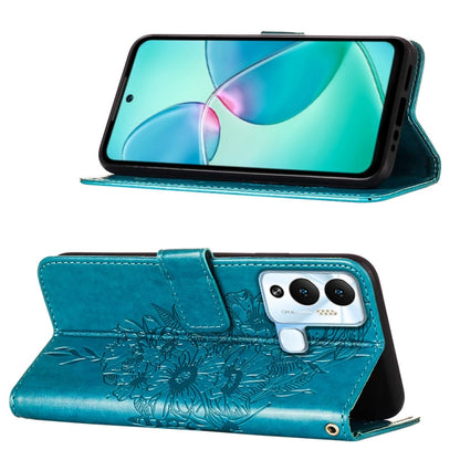 Embossed butterfly flip leather phone case, teal, open stand for hands-free viewing