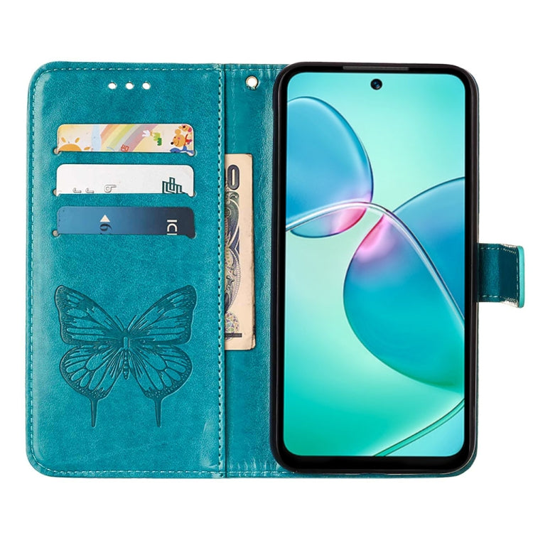 Embossed butterfly flip leather phone case, teal, with card slots and screen cover