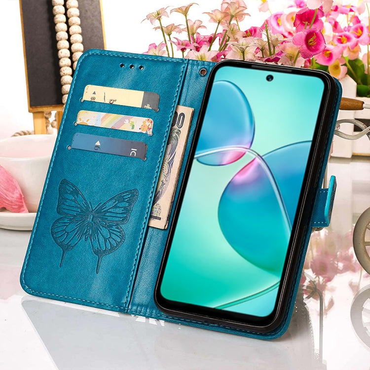 Embossed butterfly flip leather phone case, teal, wallet interior with card slots