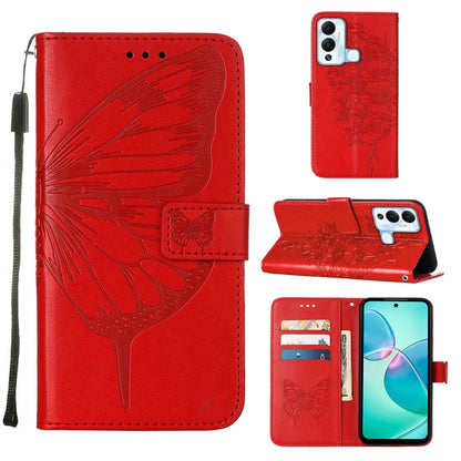 Embossed butterfly flip leather phone case, red, with flip cover and side strap