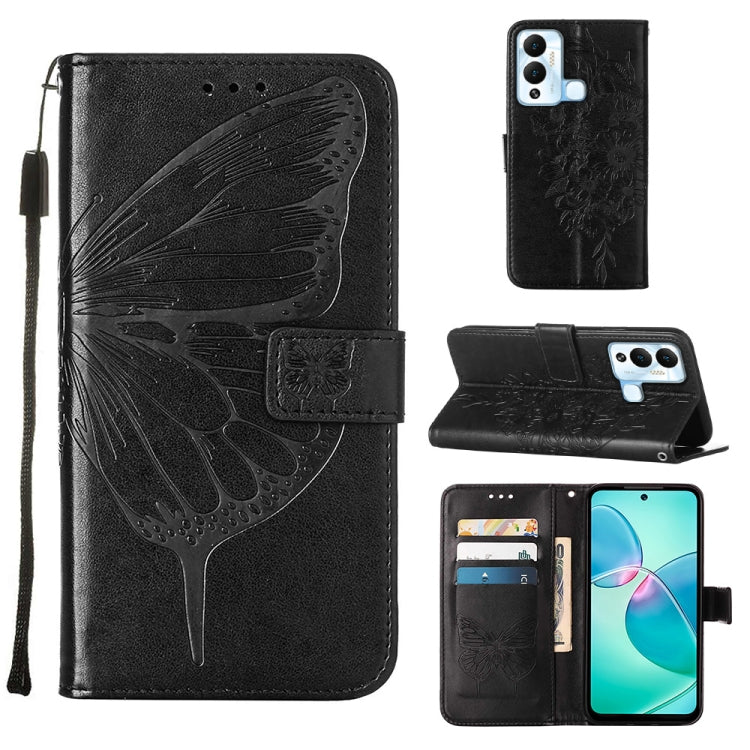 Embossed butterfly flip leather phone case, black, with embossed butterfly pattern